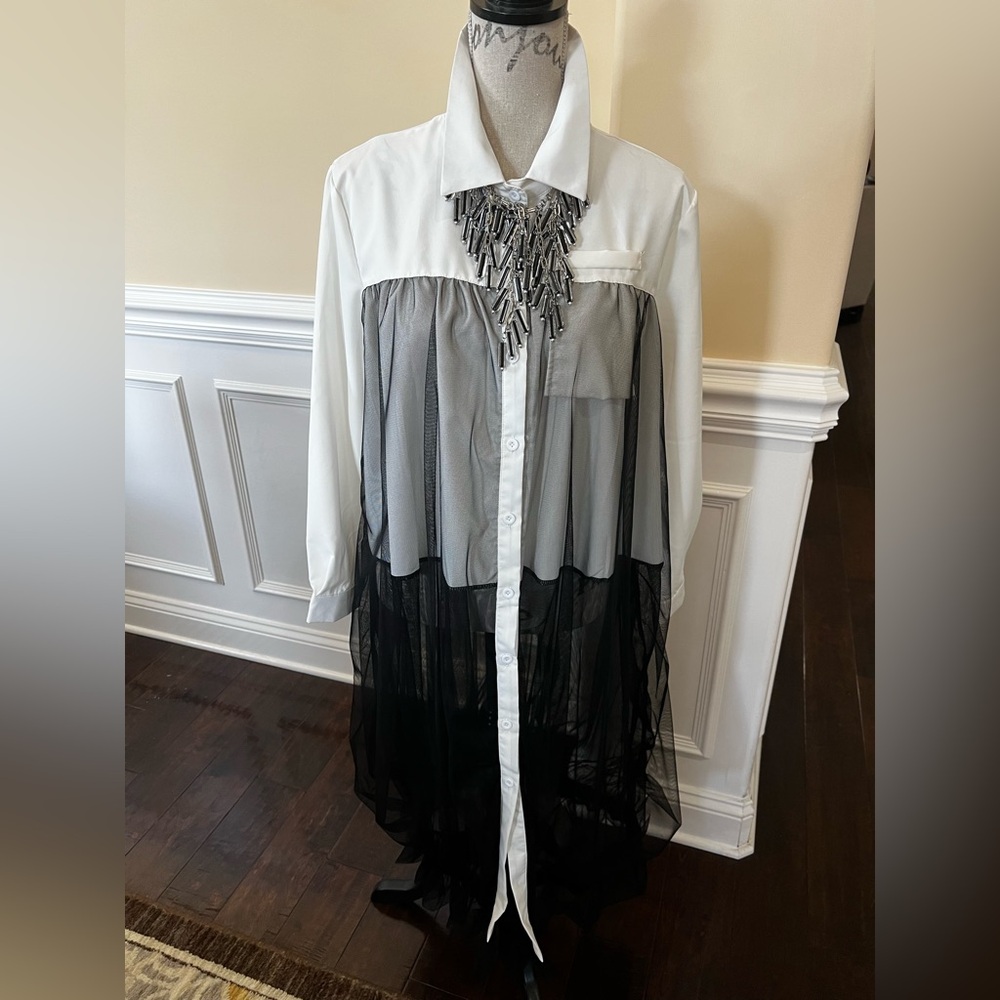 Maxi, Black & White Sheer Tulle Button-Up Shirt Dress with Long Sleeves.